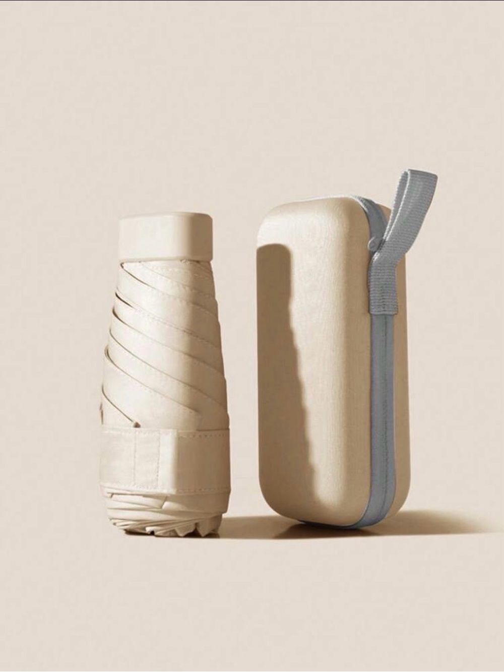 Compact Umbrella Cream Colored & Foldable with Travel Case